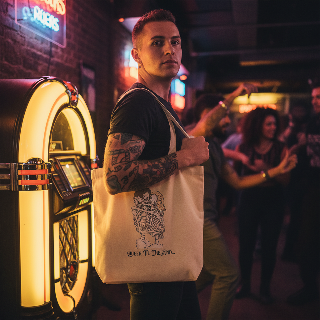 Queer Til The End Eco Tote Bag features two skeletons embracing, symbolizing pride and self-expression. Held by a tattooed individual, it stands as a bold statement in a vibrant, queer-friendly setting.