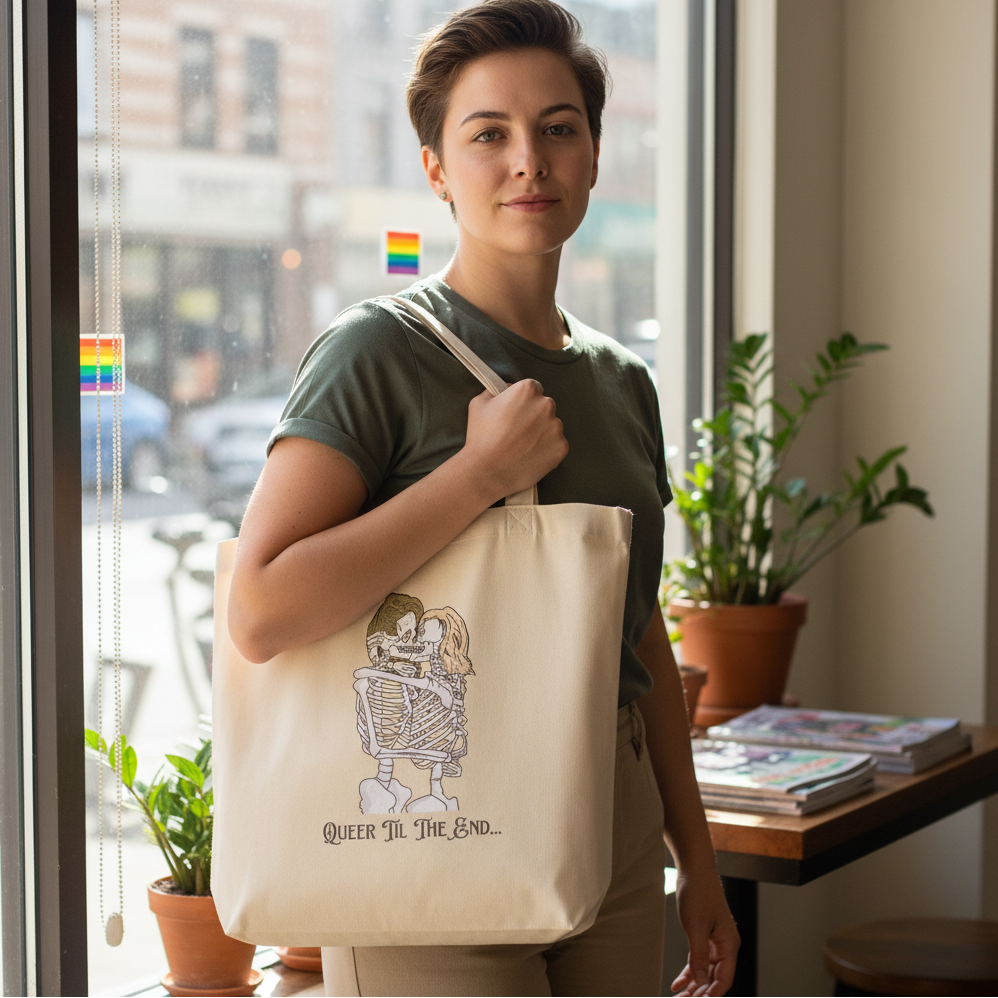 Queer Til The End eco tote bag, with two hugging skeletons, held by a short-haired person in green. Rainbow pride decor behind.