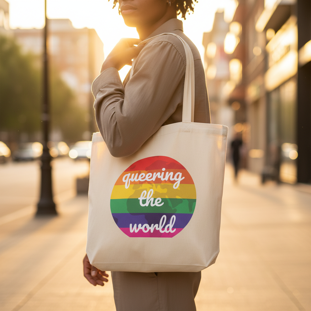 Eco tote bag with a rainbow circle and “queering the world” in white, held outside on a sunny city street; queer pride vibes.