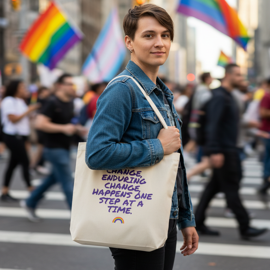 Person at a Pride parade wears a denim jacket and carries the Real Change, Enduring Change Eco Tote Bag, proudly displaying a rainbow graphic and empowering message, celebrating visibility and self-expression.