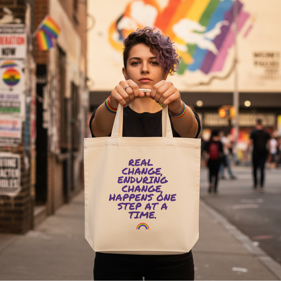 Eco tote bag with “Real change, enduring change, happens one step at a time” held by queer person; pride flags, rainbow mural behind.
