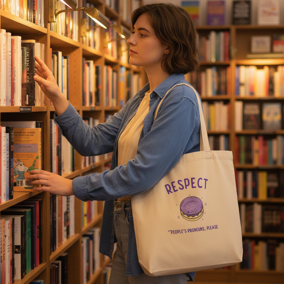 A person reaches for a book, showcasing the Respect People's Pronouns Please Eco Tote Bag with a vibrant purple cartoon cookie design, embodying queer pride and eco-conscious, inclusive self-expression.