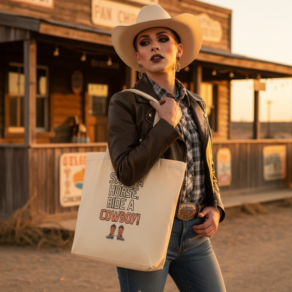 Person exudes confidence in a Save A Horse Ride A Cowboy Eco Tote Bag, paired with bold makeup and western attire, embodying queer pride and self-expression in a rustic sunset setting.