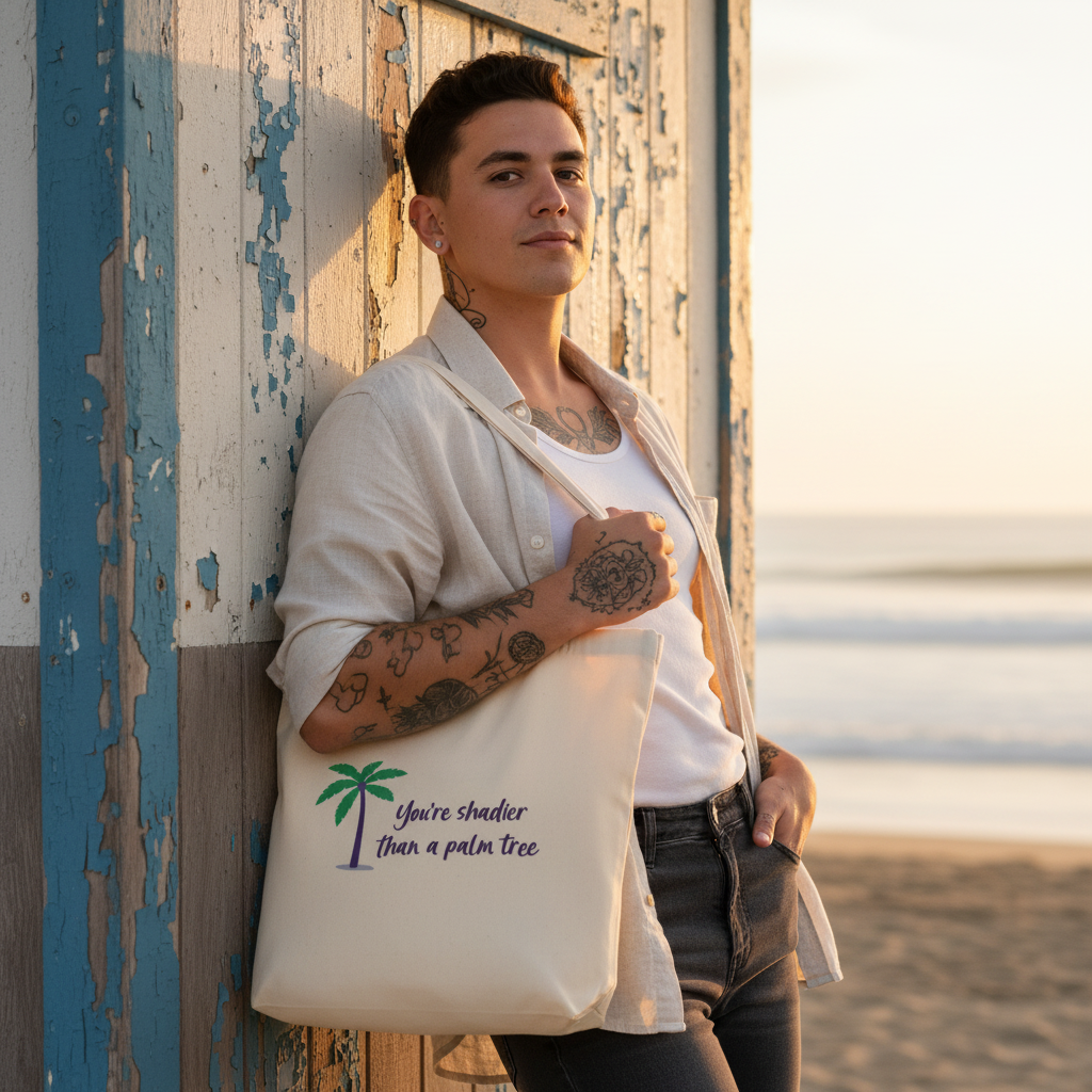 A young person with tattoos carries the Shadier Than A Palm Tree Eco Tote Bag, a bold organic cotton accessory, promoting eco-friendly, queer pride and visibility against a beach sunset backdrop.