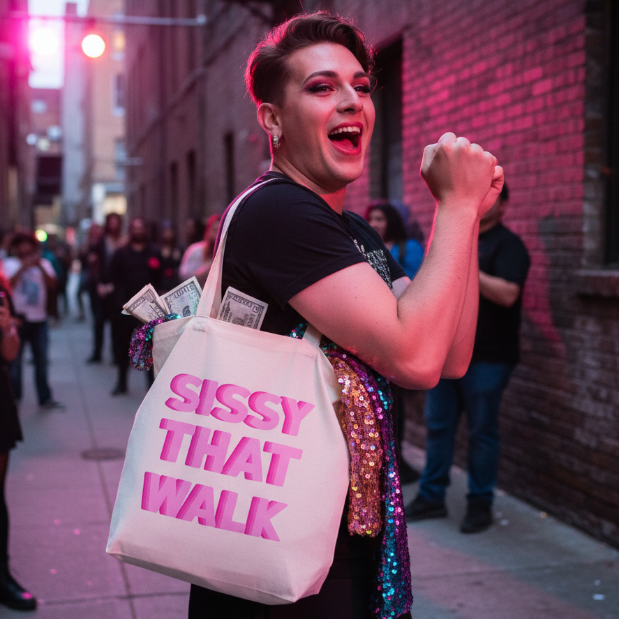 Person energetically posing with a Sissy That Walk Eco Tote Bag in an urban alley, showcasing its roomy design and pink lettering. A stylish, prideful statement piece celebrating queer empowerment and self-expression.