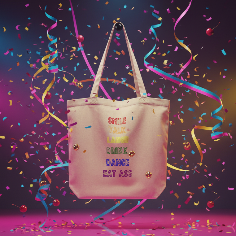 The Smile, Talk, Laugh, Drink, Dance, Eat Ass Eco Tote Bag features bold rainbow text on an organic cotton canvas, ideal for expressing queer pride and self-expression amidst a festive confetti backdrop.