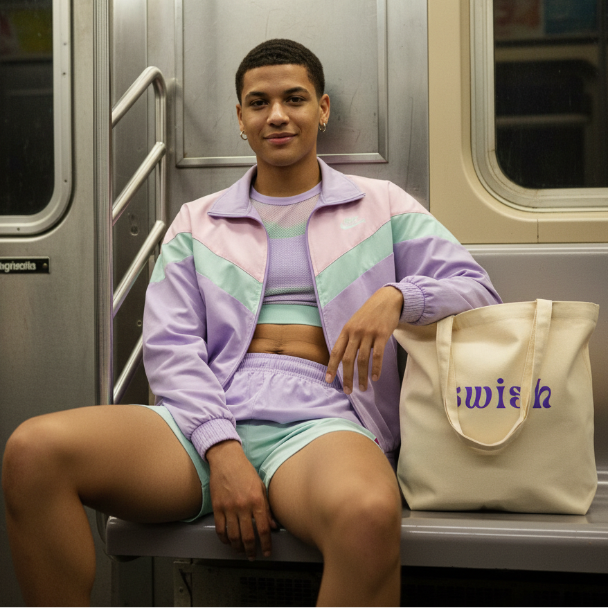 Person seated on a subway bench beside a cream tote bag with purple “swish” lettering