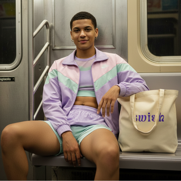 Person seated on a subway bench beside a cream tote bag with purple “swish” lettering