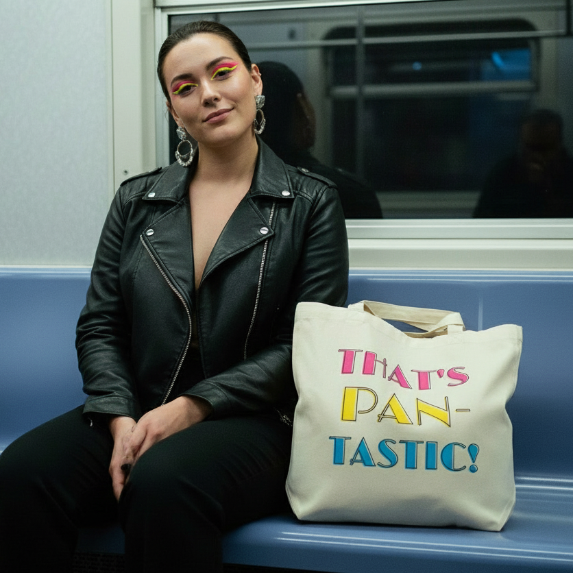 Young person on a subway bench with vibrant makeup, wearing a leather jacket, showcasing the That's Pan-tastic! Eco Tote Bag with rainbow pins, embodying queer pride and eco-conscious self-expression.