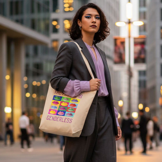 A person confidently strides through a city plaza, showcasing The Future Is Genderless Eco Tote Bag, a natural-canvas tote adorned with vibrant lip prints and GENDERLESS, embodying queer pride and eco-conscious style.