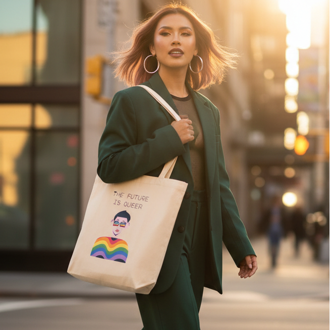 Person strides confidently with The Future Is Queer Eco Tote Bag, showcasing a stylized portrait and rainbow waves, embodying prideful eco-consciousness and self-expression. Organic cotton, spacious, and empowering.