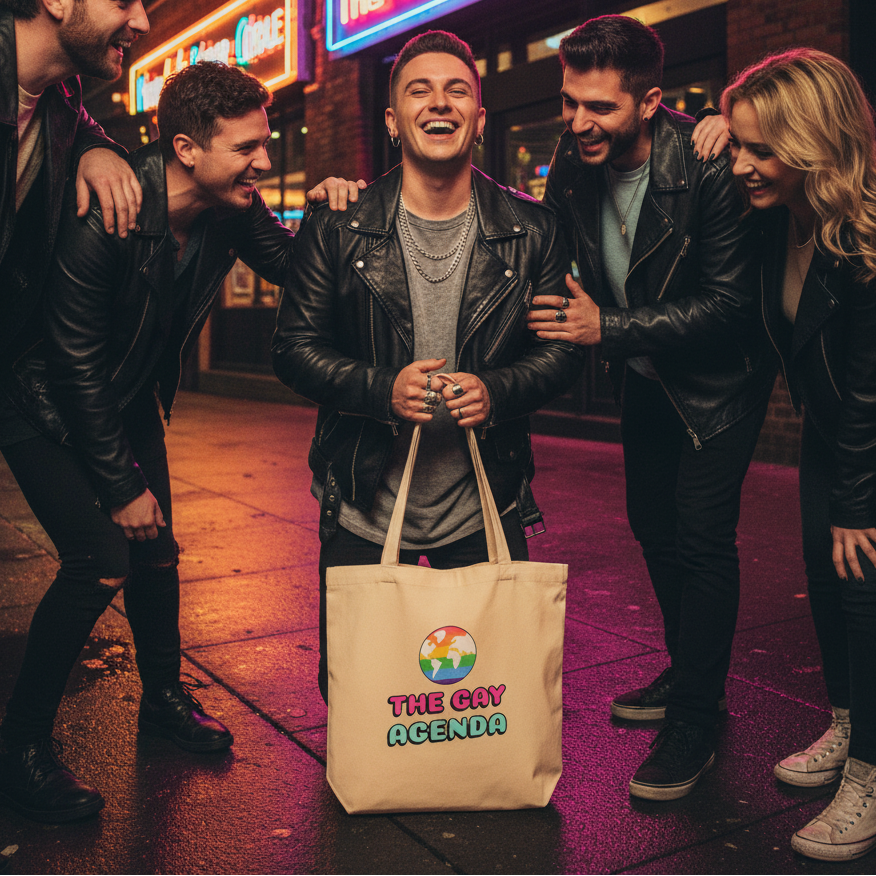 Friends in black leather jackets laugh on a neon-lit sidewalk, showcasing The Gay Agenda Eco Tote Bag. The beige tote features a rainbow globe and slogan, embodying pride and eco-conscious style.