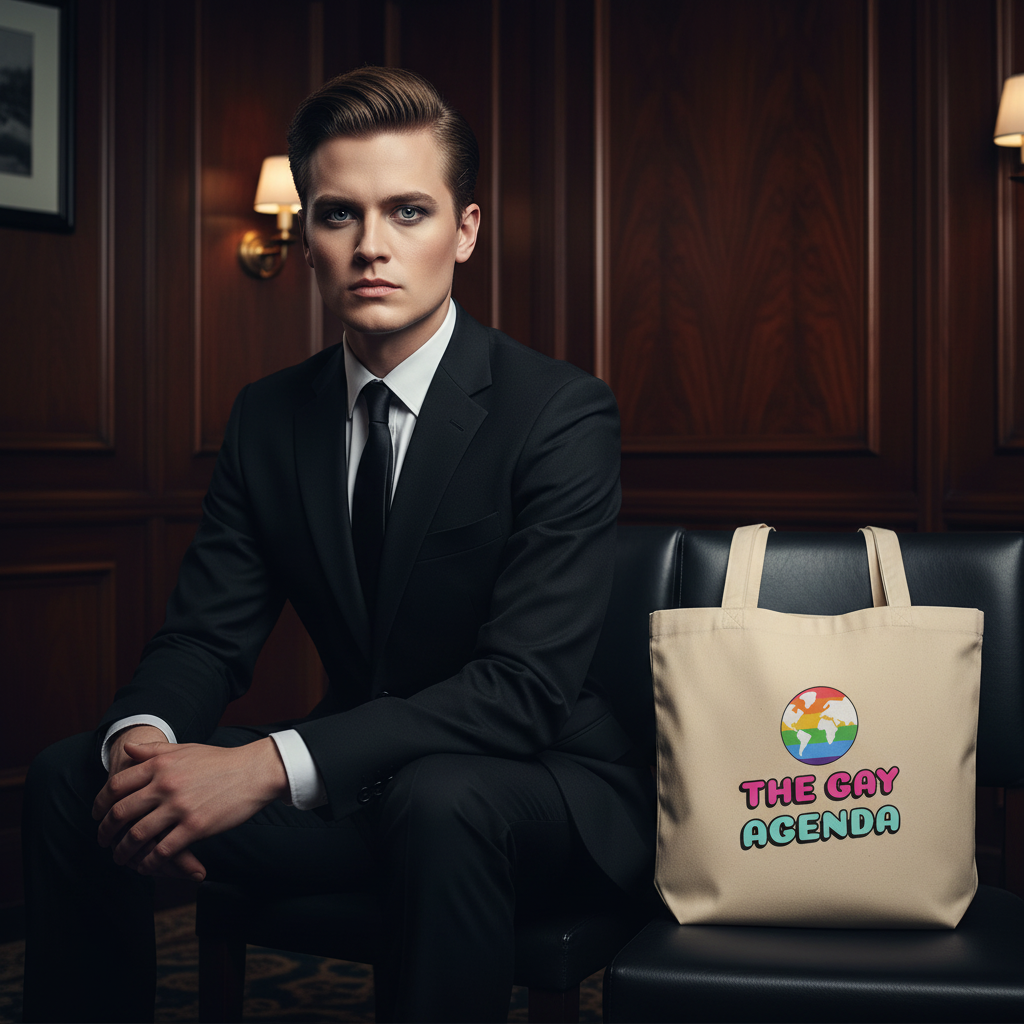 Eco tote bag featuring a rainbow globe and “THE GAY AGENDA” sits beside a suit-clad person in a cozy wood-paneled queer space.