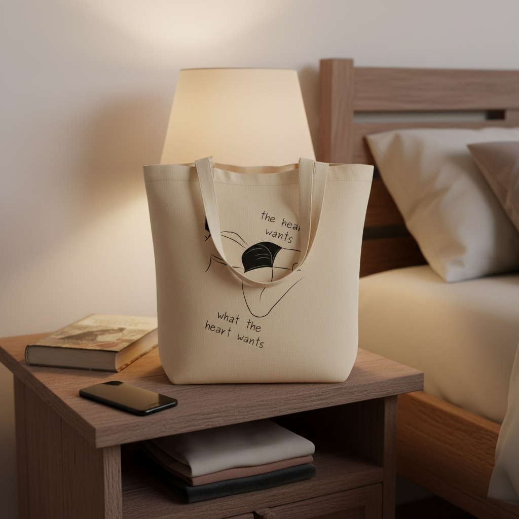 Beige organic cotton tote bag with "The Heart Wants What The Heart Wants" and minimalist line art sits on a nightstand.