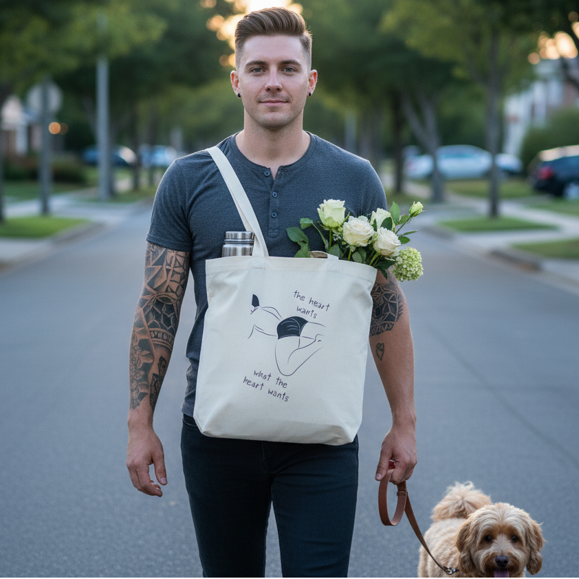 Young man embodies queer pride carrying The Heart Wants What The Heart Wants Eco Tote Bag, featuring a line drawing, while strolling with his dog. The bag's organic cotton exudes eco-conscious confidence and self-expression.