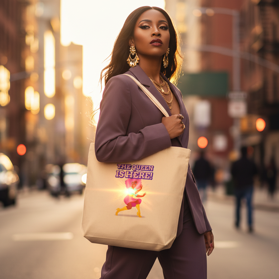 Woman confidently strides in a plum pantsuit, showcasing The Queen Is Here Eco Tote Bag, a statement organic cotton tote celebrating queer pride and empowerment with bold text and stylized figure.