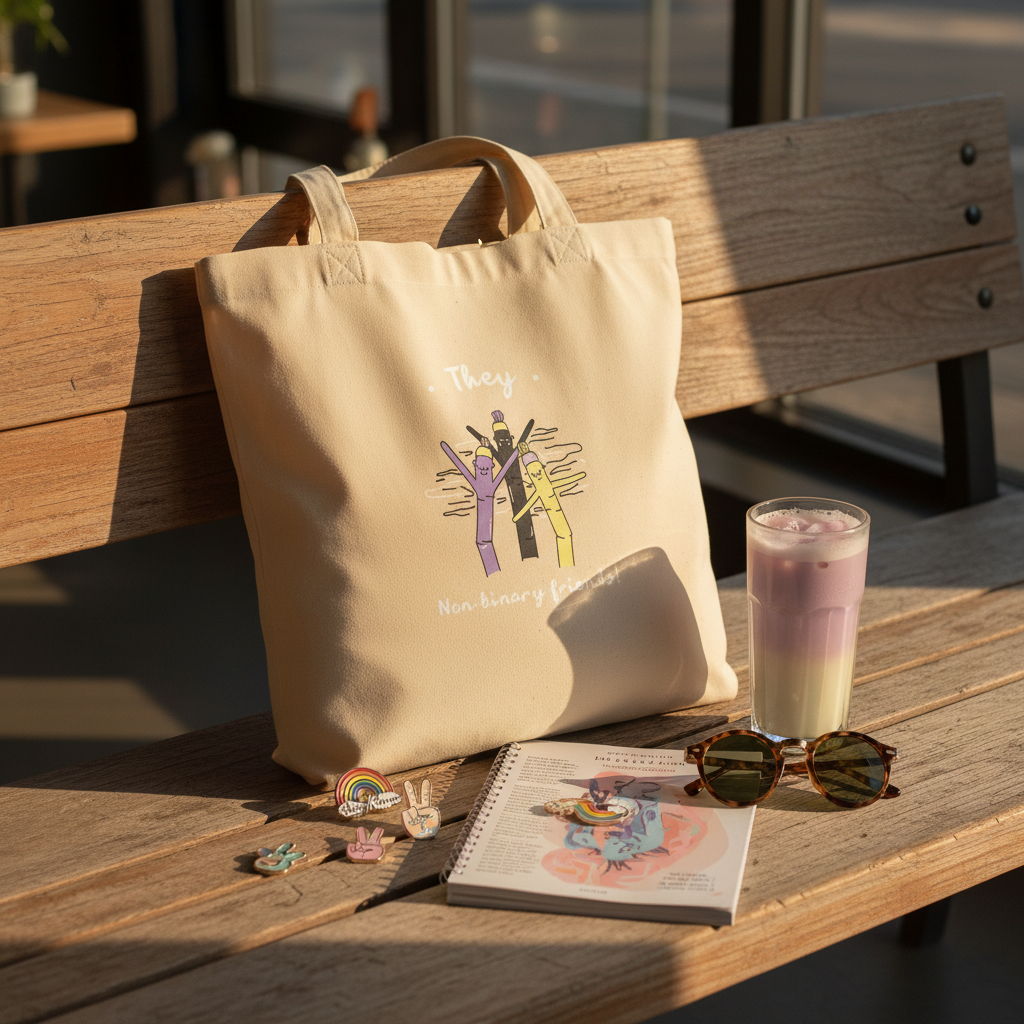 They Non-Binary Friends Eco Tote Bag on a bench, featuring non-binary pride cartoon. Accompanied by sunglasses, a pastel drink, colorful notebook, and pride-themed pins, exuding vibrant, queer energy and self-expression.