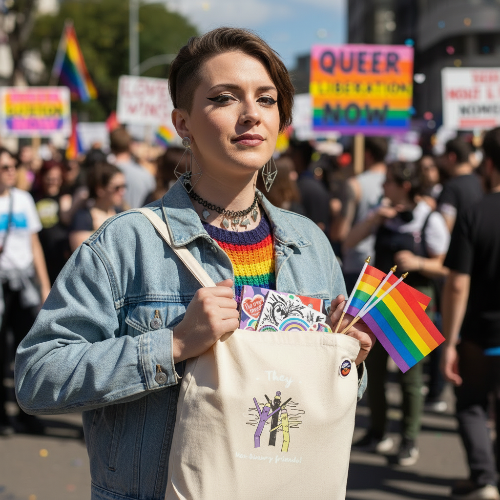 A person at a Pride rally holds the They Non-Binary Friends Eco Tote Bag, filled with rainbow flags and Pride accessories, showcasing queer empowerment and eco-conscious style with confidence and self-expression.