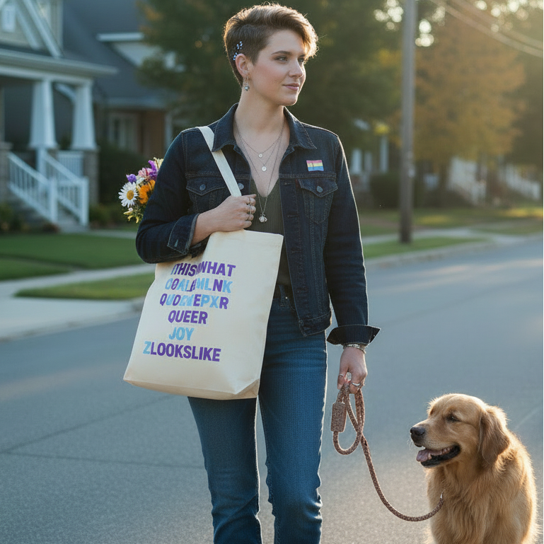 Person walking a golden retriever, carrying the This Is What Genderqueer Looks Like Eco Tote Bag with a bouquet inside. The tote's bold message exudes pride and self-expression in an eco-friendly way.
