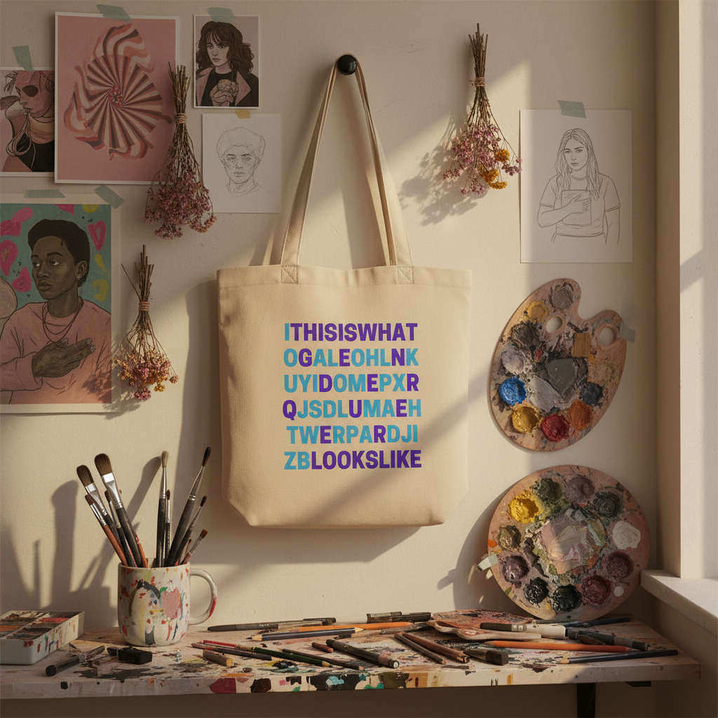 The This Is What Genderqueer Looks Like Eco Tote Bag hangs stylishly on a hook, surrounded by artistic sketches, embodying queer pride and self-expression in a sunlit, creative workspace.