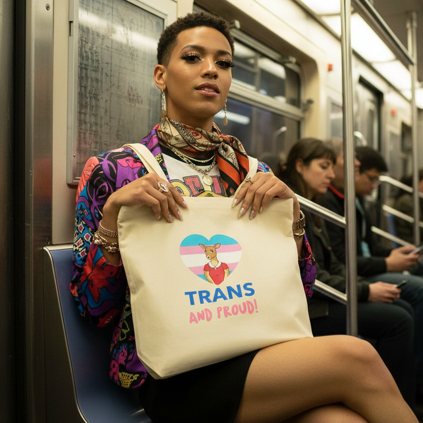 Trans And Proud Eco Tote Bag held by a stylish subway rider. Features a deer in a red top, heart design, and bold slogan, embodying queer pride and eco-consciousness with vibrant self-expression.