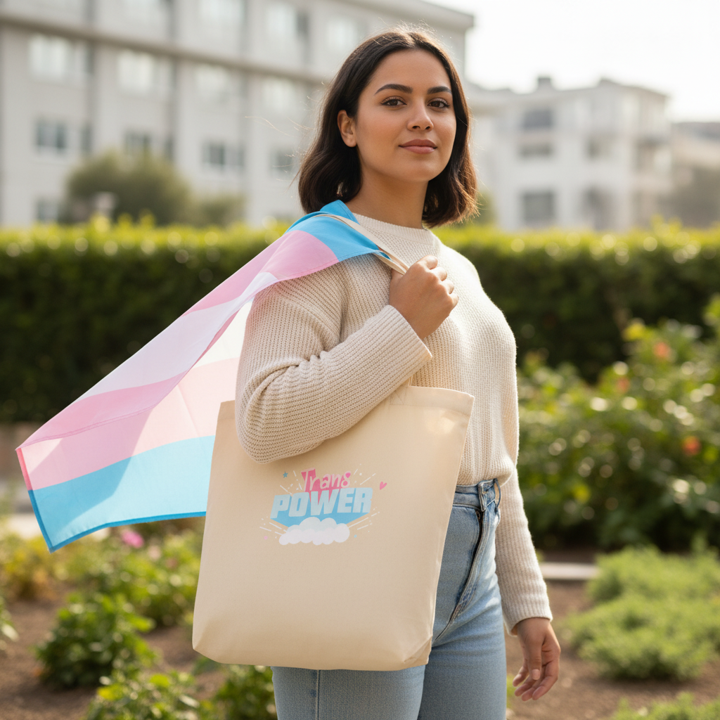 Trans Power Eco Tote Bag with bold, vibrant text slung on a person draped in the trans flag; city and greenery behind.