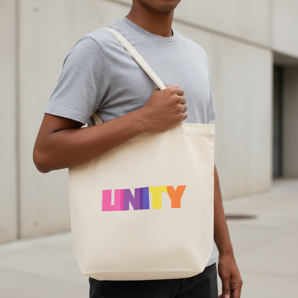 Unity Eco Tote Bag made of organic cotton, sporting “UNITY” in bold rainbow letters, held by someone in a gray tee outdoors.
