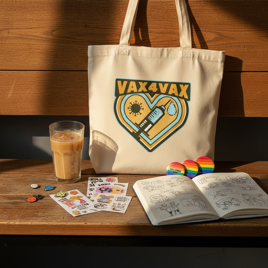 Cream tote reading “VAX 4 VAX,” with a heart, syringe, and virus graphic on a wooden table