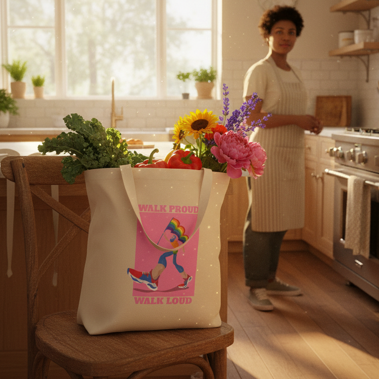 The Walk Proud Walk Loud Eco Tote Bag brimming with fresh produce and flowers, featuring a vibrant graphic of a striding figure under a rainbow, embodies eco-friendly, prideful self-expression and queer empowerment.