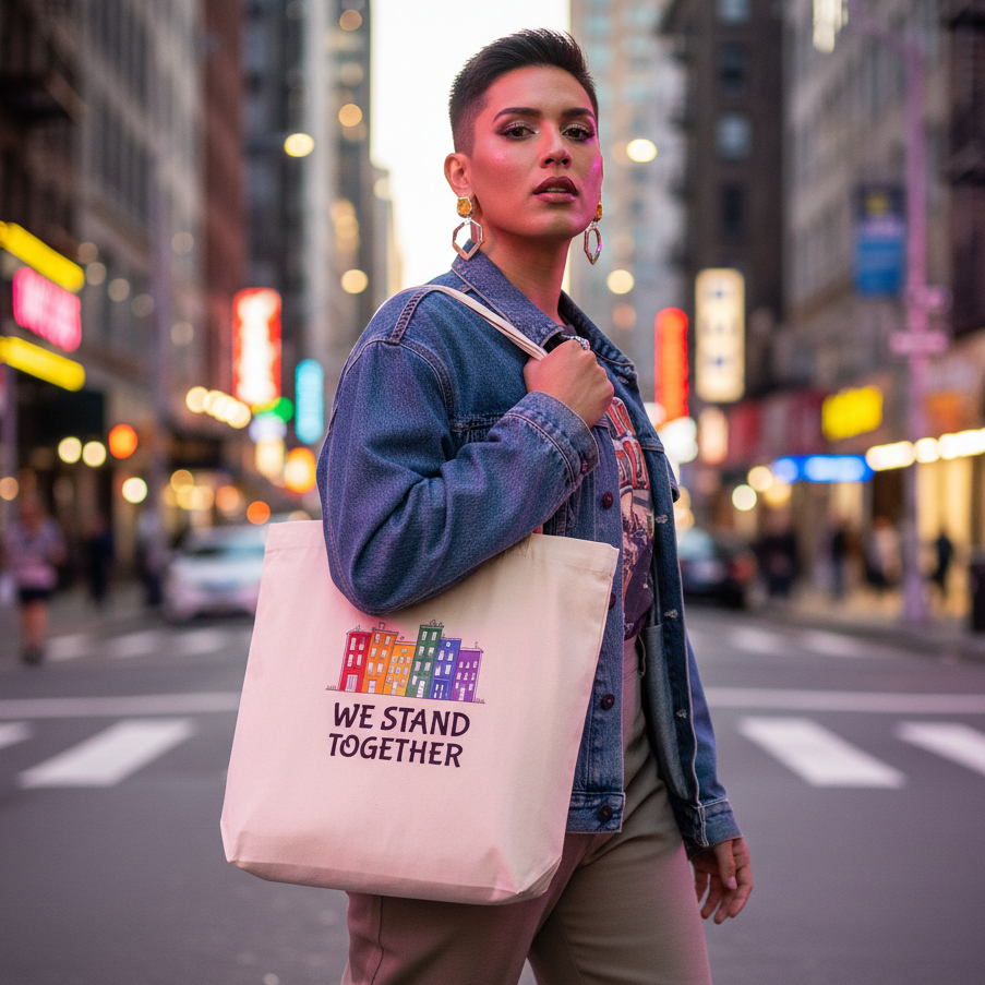 An androgynous person strides confidently with the We Stand Together Eco Tote Bag featuring rainbow buildings and text, embodying pride and empowerment. The tote, made of organic cotton, enhances self-expression.