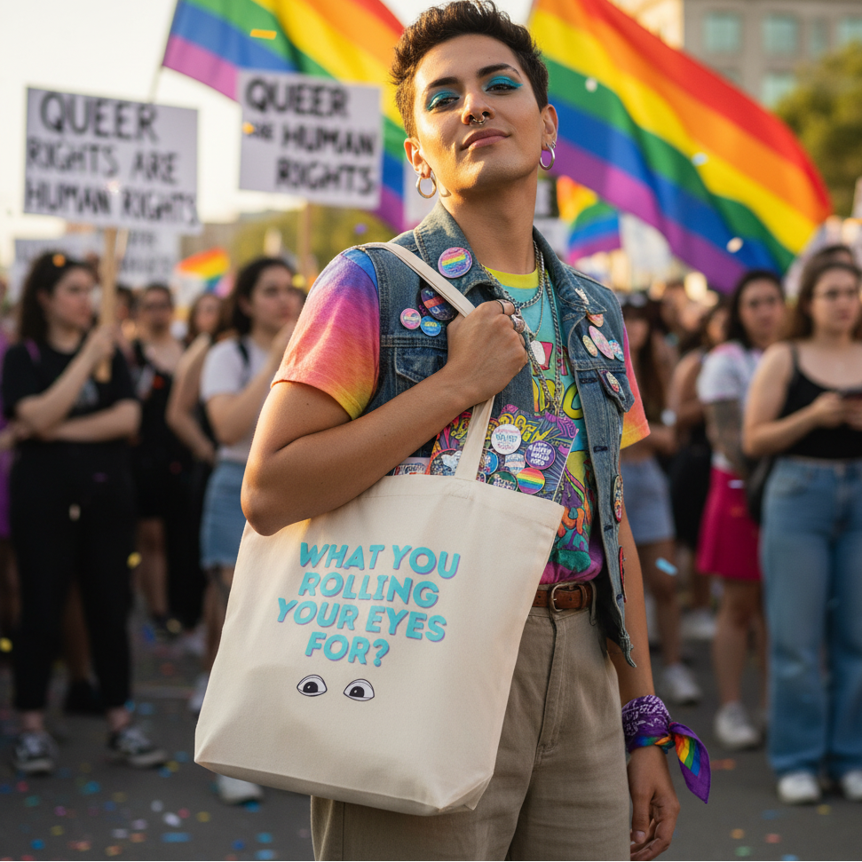 Person at Pride march with a What You Rolling Your Eyes For? Eco Tote Bag, exuding confidence. Wearing a rainbow-tie-dyed T-shirt, denim vest with Pride buttons, embodying bold queer self-expression and empowerment.