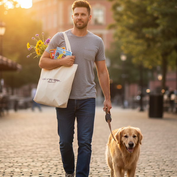 A man confidently walks his dog, carrying the Woke Up Gay Again Eco Tote Bag filled with wildflowers and magazines. This organic cotton bag embodies prideful self-expression and eco-conscious visibility.