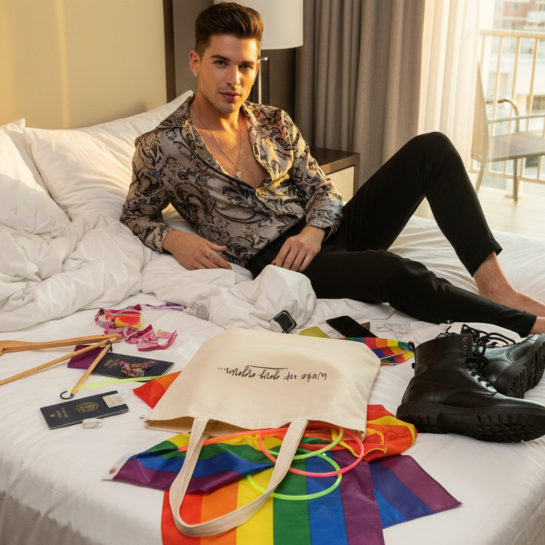 Woke Up Gay Again Eco Tote Bag on bed with rainbow flag, passport, and swimwear, symbolizing proud, vibrant travels. Organic cotton, perfect for groceries or pride essentials. Celebrates LGBTQIA+ identity and self-expression.
