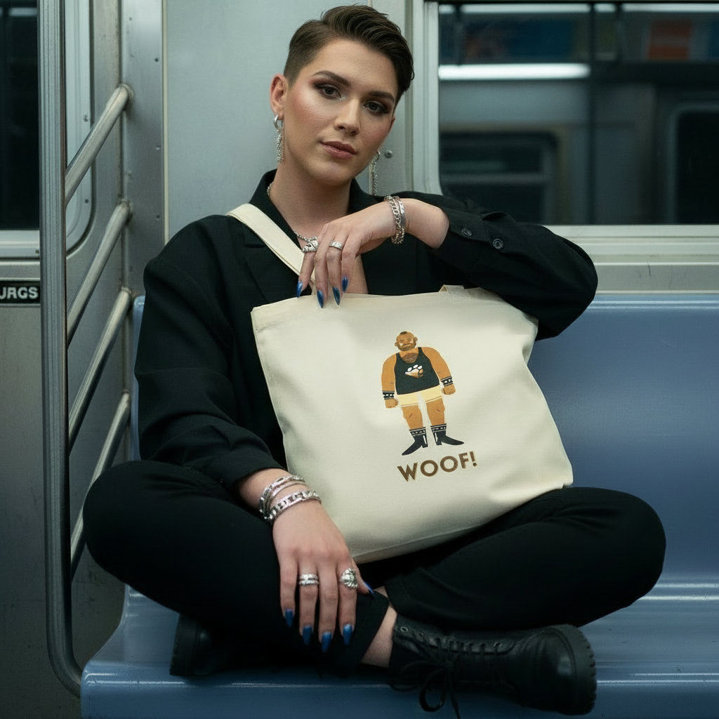 Person on subway with Woof! Gay Bear Eco Tote Bag, showcasing queer pride and self-expression. The tote features a cartoon bearded man and enamel pins, embodying eco-consciousness and bold individuality.