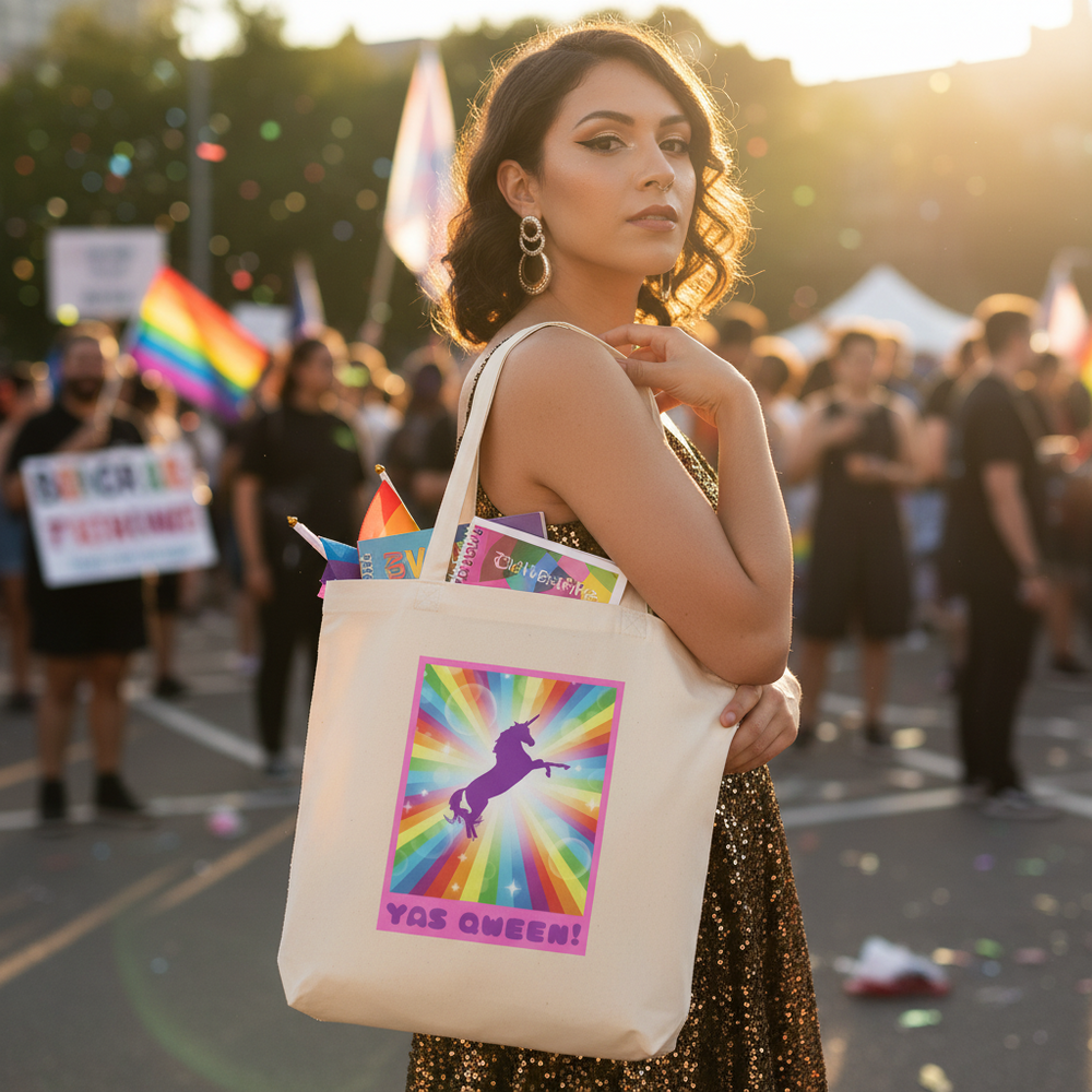 Person modeling a canvas tote with a rainbow unicorn graphic and “YAS QWEEN!” text at a Pride event
