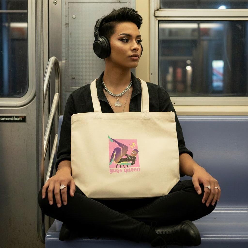 Person on train with over-ear headphones and layered jewelry holding a Yass Queen Eco Tote Bag. The bag features a striking graphic and slogan, emphasizing eco-friendly, bold self-expression. Perfect for prideful, sustainable style.