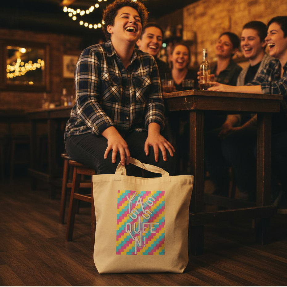 A person at a pub holds the Yasss Queen Eco Tote Bag, showcasing its bold ASK US A QUESTION design, embodying queer pride and self-expression with its spacious organic cotton form.