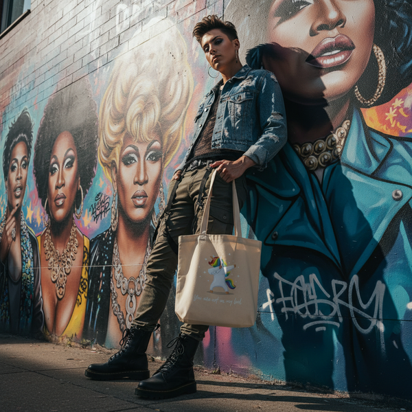 A young person with a denim jacket carries the You Are Not On My Level Eco Tote Bag, featuring a unicorn and empowering message, against a vibrant mural of drag queens.