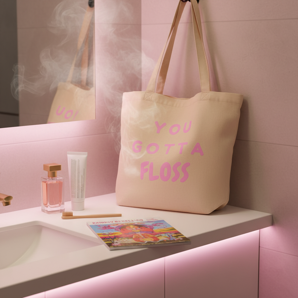 The You Gotta Floss Eco Tote Bag in bold bubble-gum pink lettering hangs beside a mirror, embodying eco-conscious, queer pride. It's surrounded by chic, stylish accessories on a pink-themed bathroom counter.