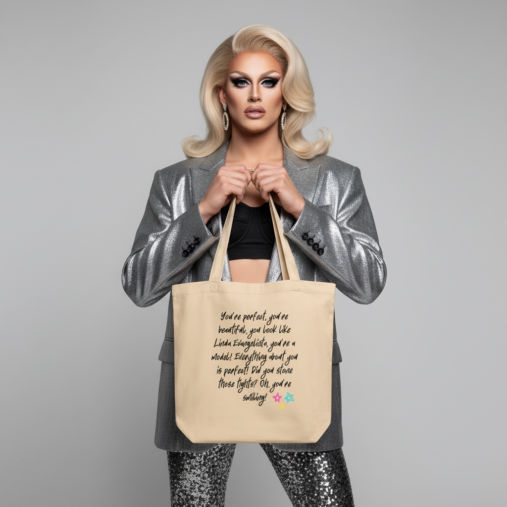 Eco Tote Bag reading “You Look Like Linda Evangelista” with hand-drawn inspo message and stars, carried by a glam blond in silver.