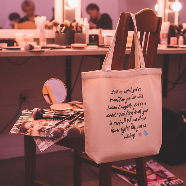 You Look Like Linda Evangelista Eco Tote Bag hangs on a chair amid makeup essentials, embodying bold, prideful self-expression with its empowering text, perfect for carrying your essentials stylishly and sustainably.
