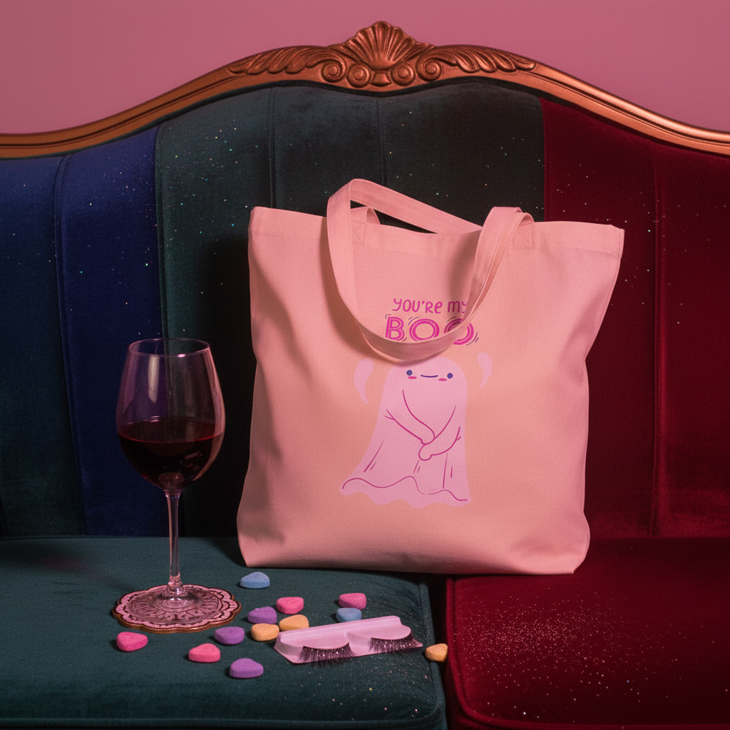 You're My Boo! Eco Tote Bag with ghost print on a velvet sofa, surrounded by wine glass, pastel heart candies, and false eyelashes. A statement piece for eco-conscious, proud self-expression.