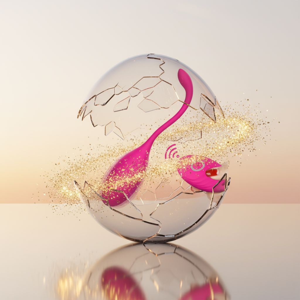Pink remote-controlled pleasure balls inside a cracked glass sphere with gold glitter