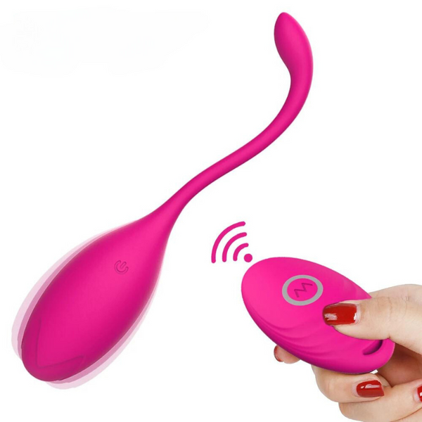 Pink remote-controlled kegel ball with a curved stem beside its handheld controller