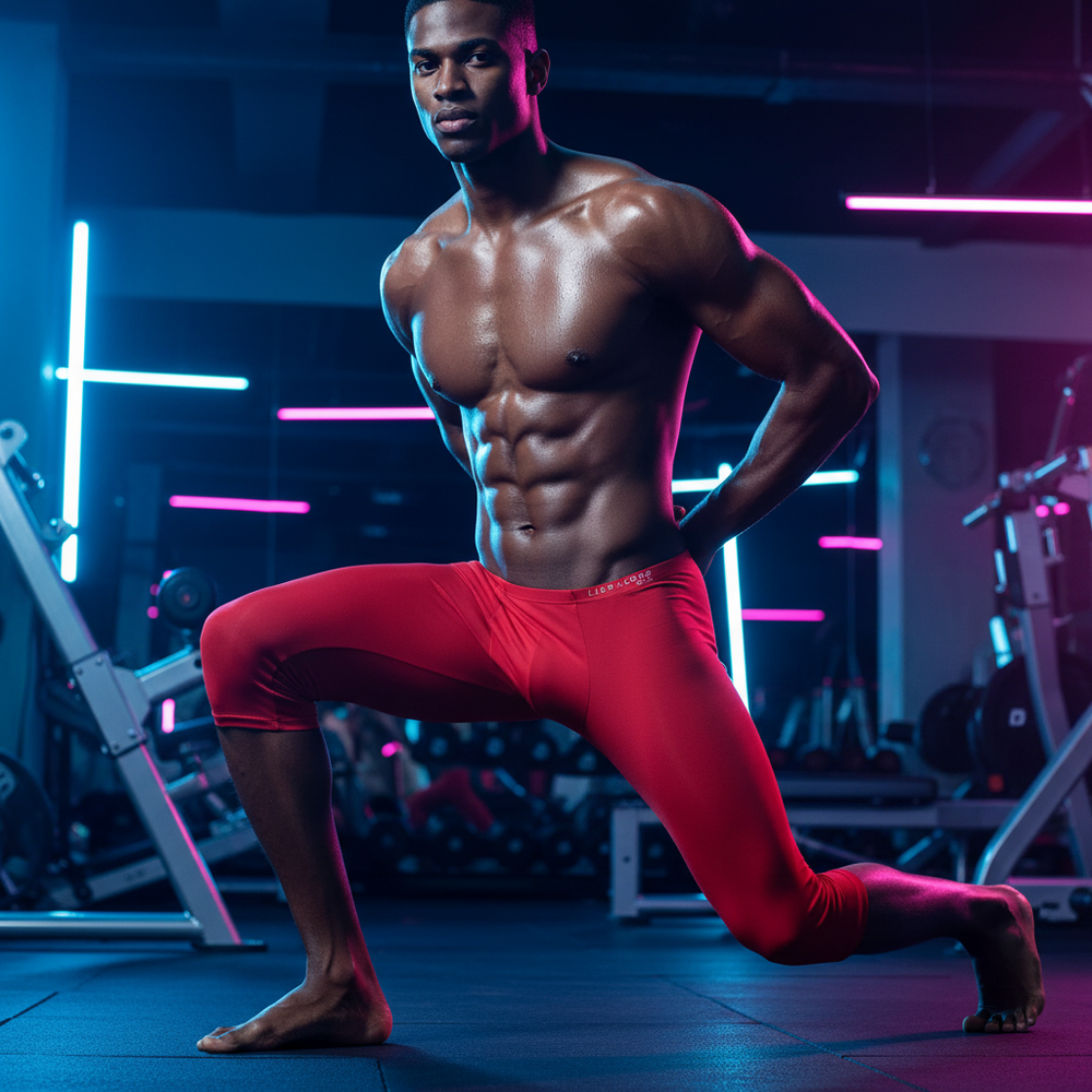 Muscular person in red athletic leggings lunging in a neon-lit gym