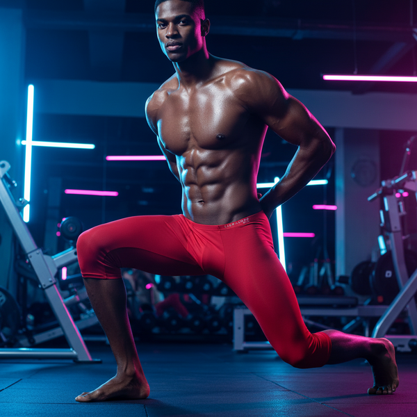 Muscular person in red athletic leggings lunging in a neon-lit gym