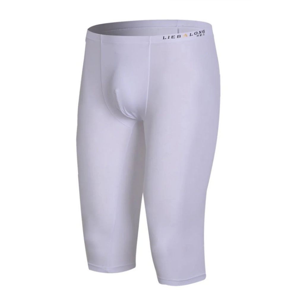 Front view of white, close-fitting knee-length athletic leggings with a wide waistband