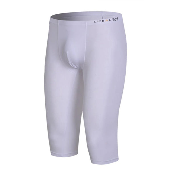 Front view of white, close-fitting knee-length athletic leggings with a wide waistband