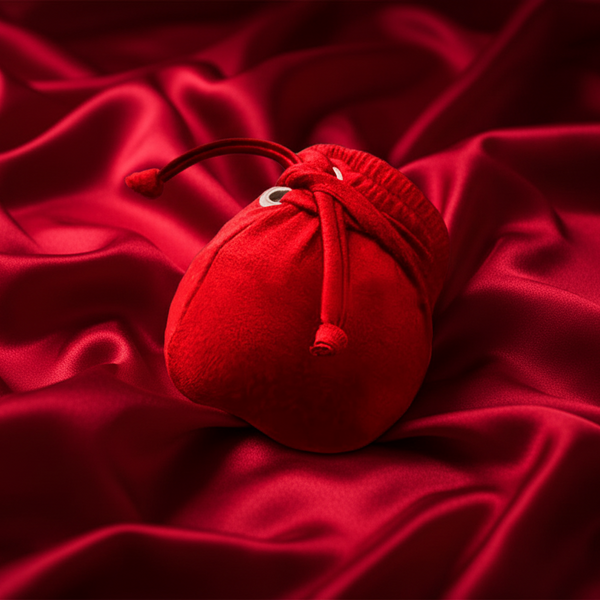 Close-up of a red drawstring penis pouch on red satin fabric