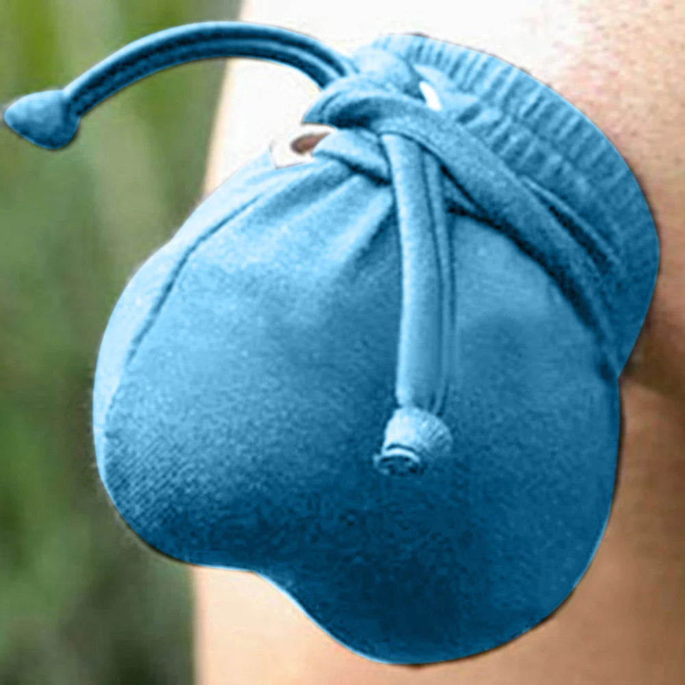 Close-up of a blue elastic drawstring penis pouch with a gathered opening